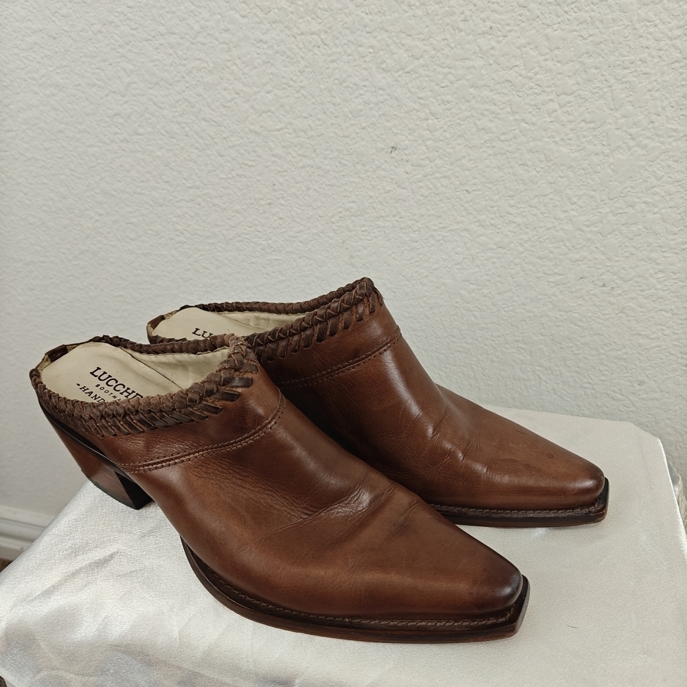 Lucchese Brown Cowhide Leather Kim Western Heeled Slip On Square Toe Mules 8B